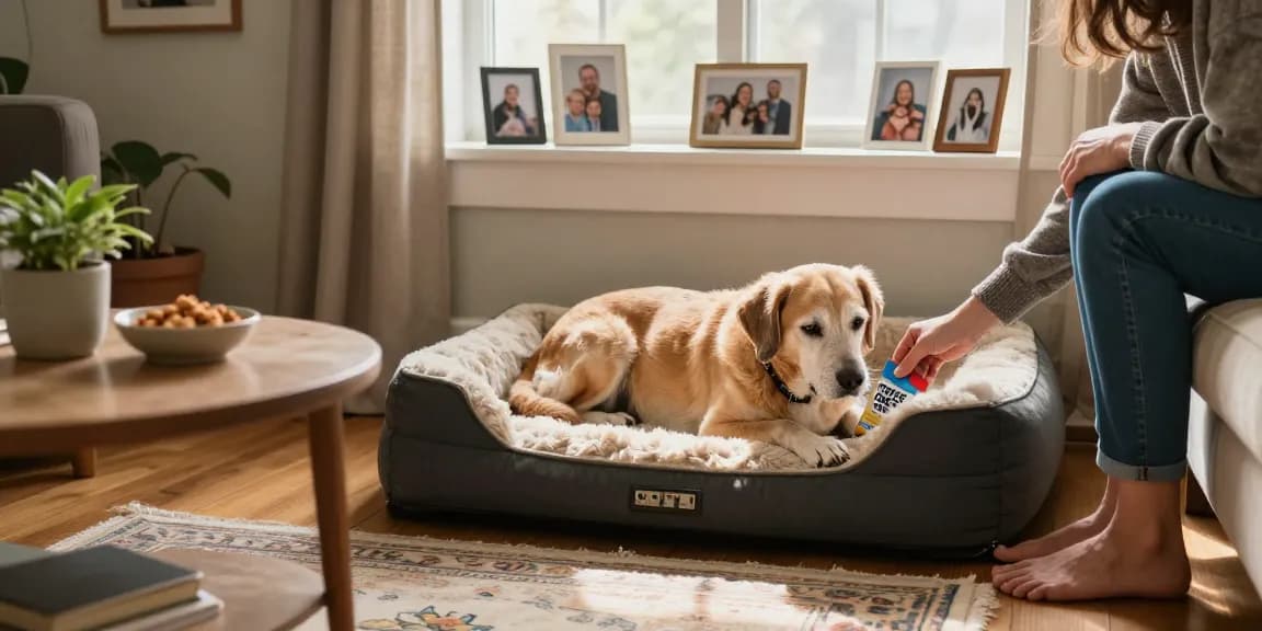 Calm scene of a senior dog with CBD treats to promote relaxation; shop here for quality pet care.