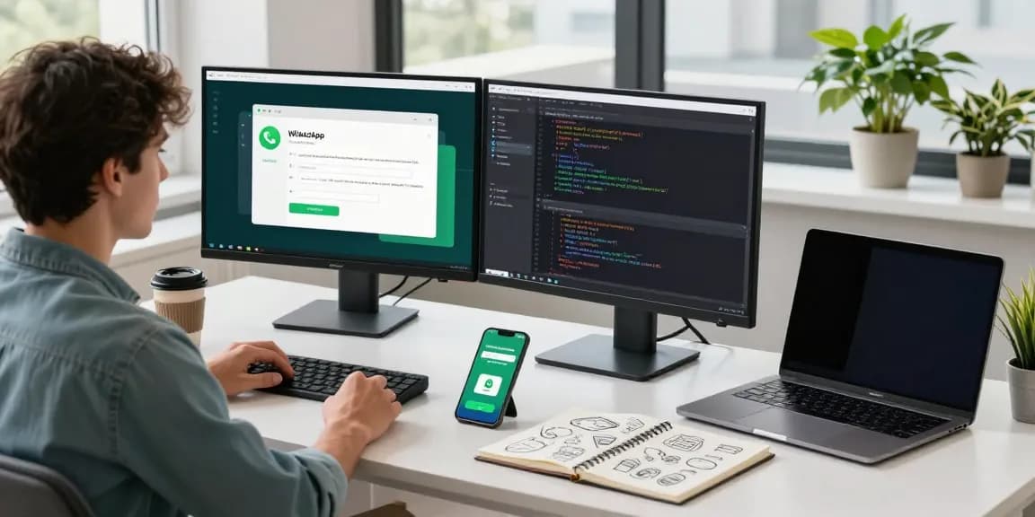 Developer at a modern workspace focused on WhatsApp下載, showcasing coding, productivity tools, and an organized environment.