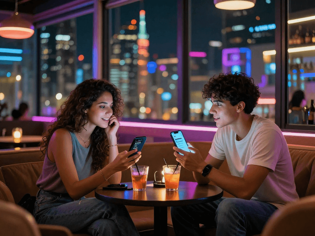 Engaging in AI sex chat within a vibrant urban lounge, showcasing modern conversation dynamics.