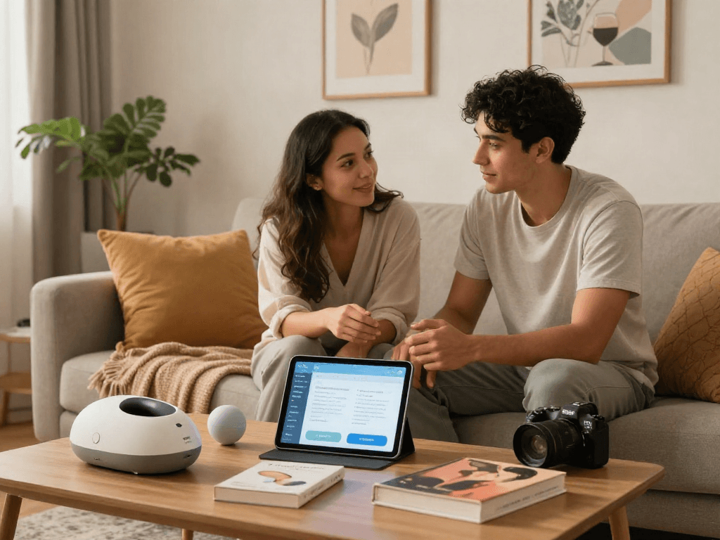 Couple engaging with AI-driven intimacy solutions exploring ai sex in a cozy living room.