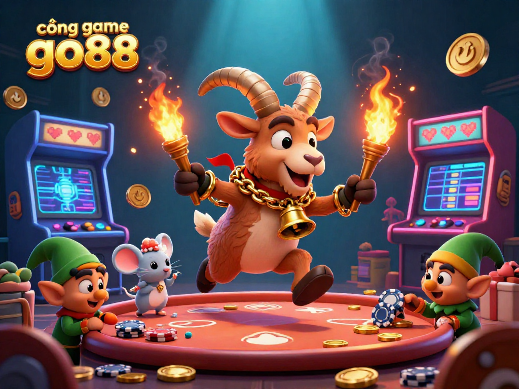 Win big at cổng game go88 with an exciting 3D casino scene featuring Krampus and playful elf gremlins.