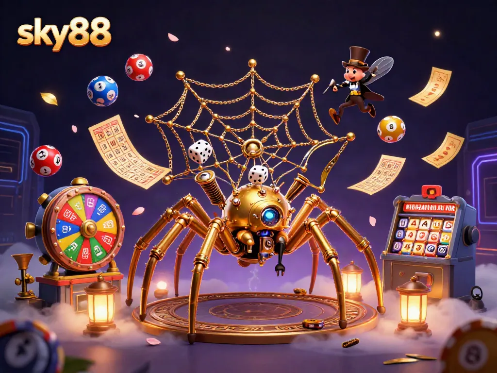 Win exciting matches at sky88 with a vibrant steampunk casino scene filled with lottery elements.
