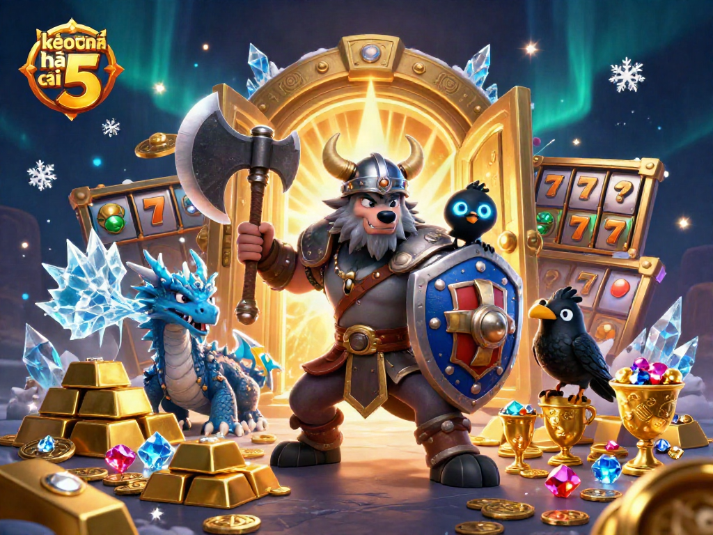 Win with kèo nhà cái 5 featuring a Viking warrior and dragon amidst dazzling casino treasures.