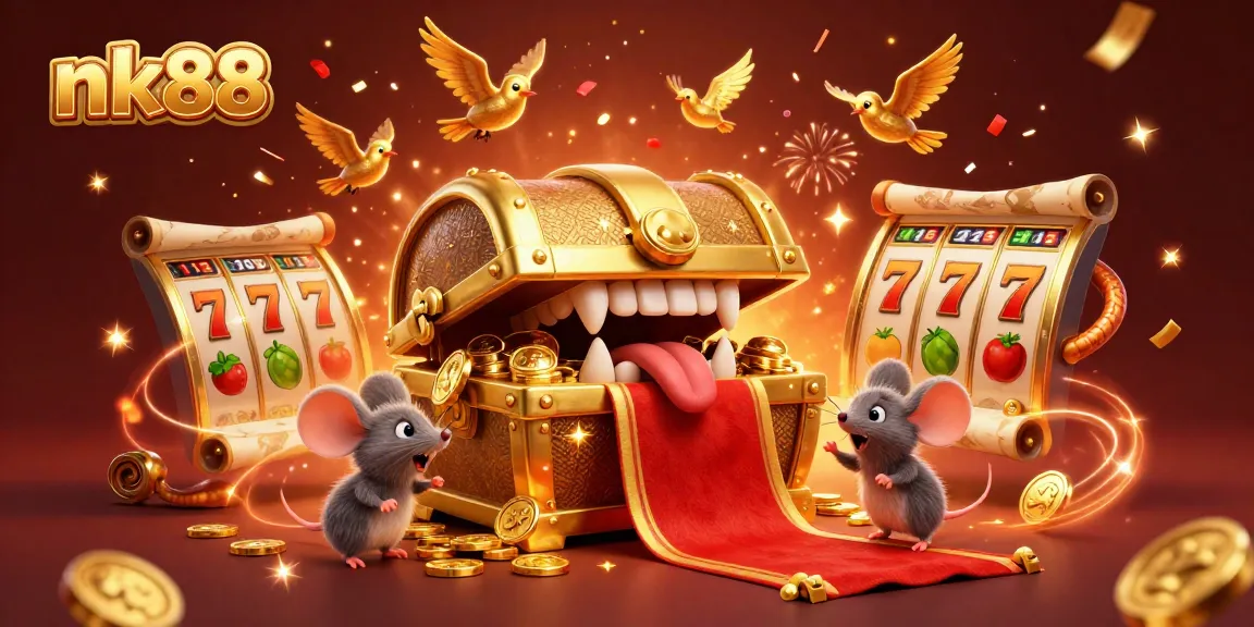 Experience thrilling wins with nk88 in this vibrant casino illustration featuring slot reels and festive elements.
