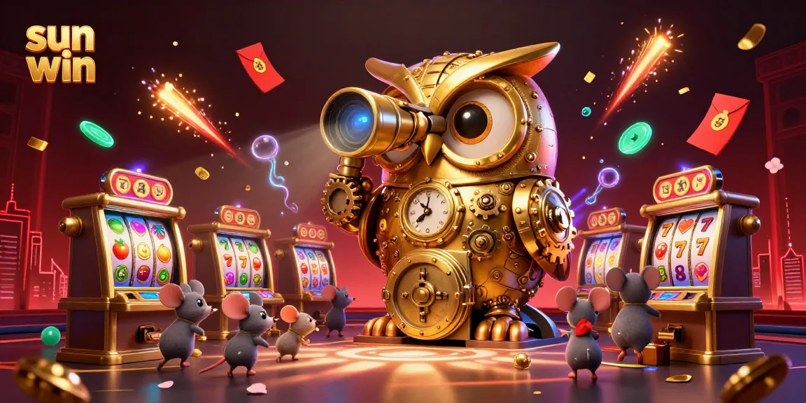 Experience thrilling moments at sun win with a captivating illustration of a golden owl in a dynamic casino scene.