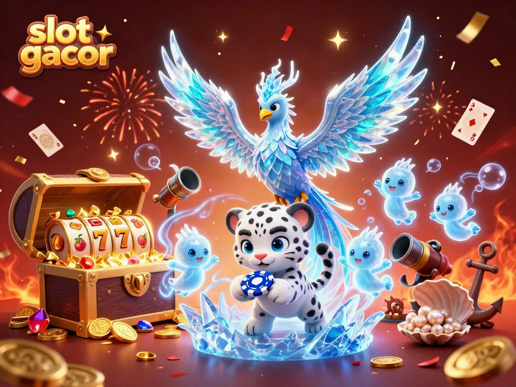 Engage with the vibrant slot gacor scene featuring an ice phoenix, snow leopard cub, and floating slot reels.