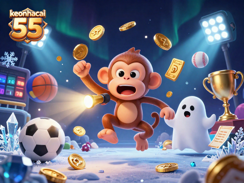Experience the excitement of keonhacai 55 as a poltergeist monkey juggles golden chips in a haunted casino.