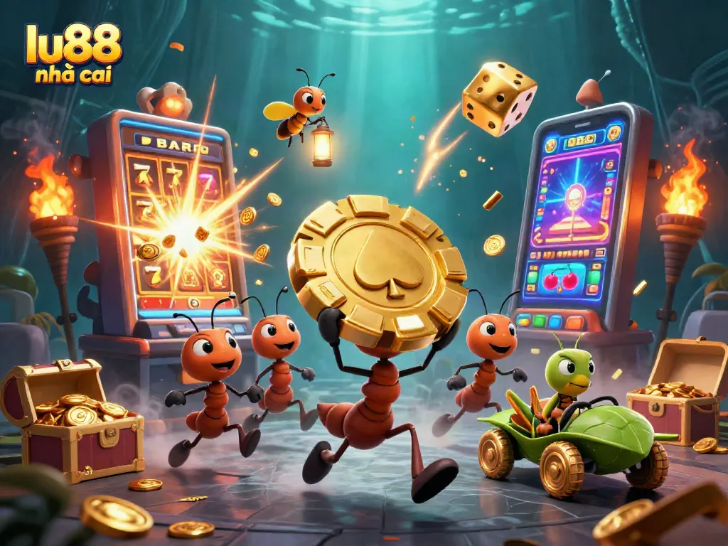 Engage with the vibrant 3D world of lu88 nhà cái as cartoon ants carry a massive poker chip through a casino adventure.