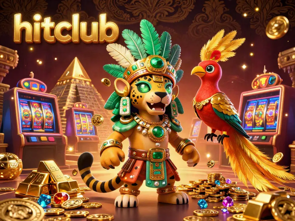 Hitclub neon casino scene featuring a Mayan jaguar priest and quetzal bird surrounded by treasures.