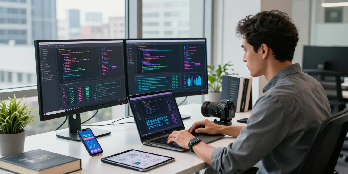 Engineer using an AI image generator in a vibrant tech workspace, dual monitors displaying code and designs, natural lighting.