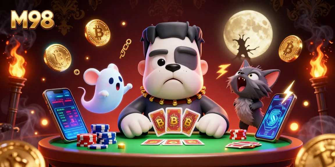 M98 casino scene with cartoon characters, enhanced by glowing cryptocurrencies and dynamic gaming elements.