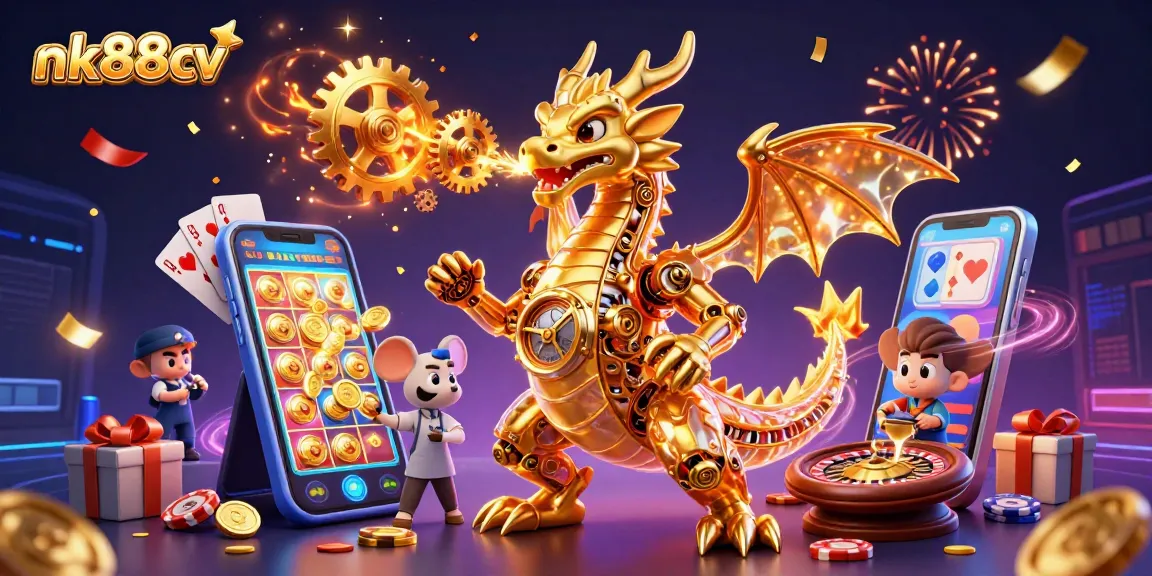 Spin and win at nk88cv with a vibrant 3D illustration featuring a golden dragon and gaming elements.
