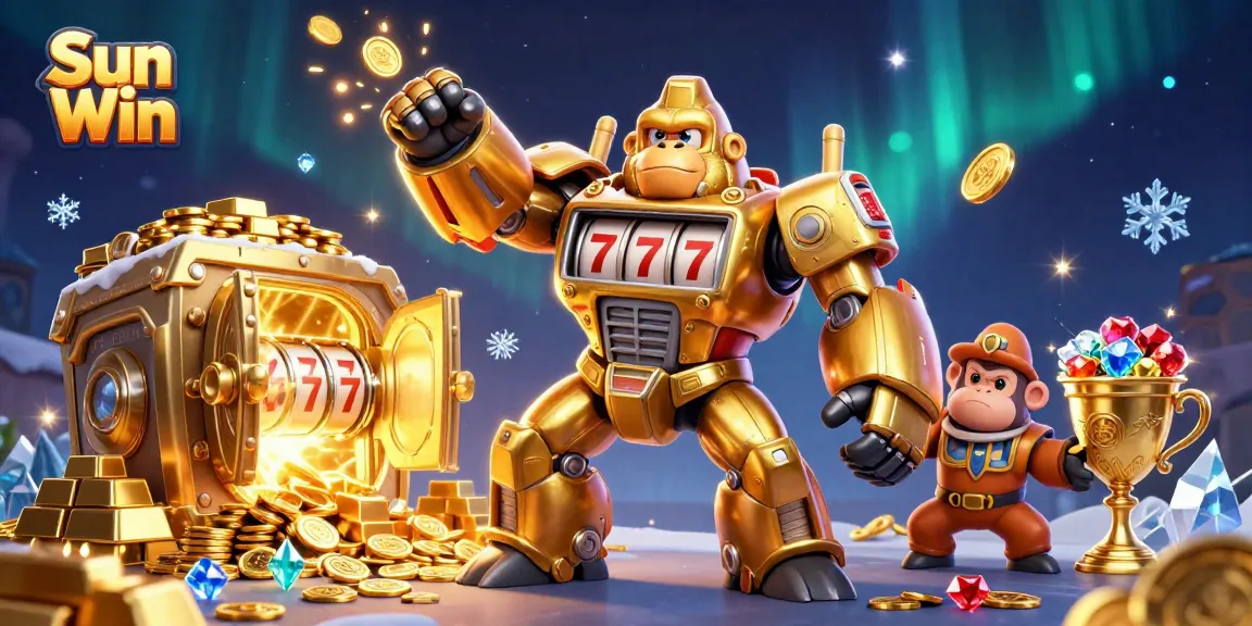Sun Win showcases a dynamic 3D scene with a golden gorilla mech and treasure elements exploding with excitement.