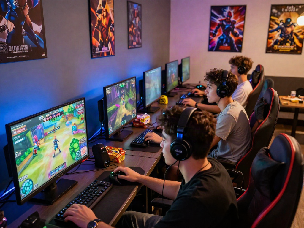 Players enjoying an HTML porn game in a vibrant gaming room with colorful visuals and excitement.