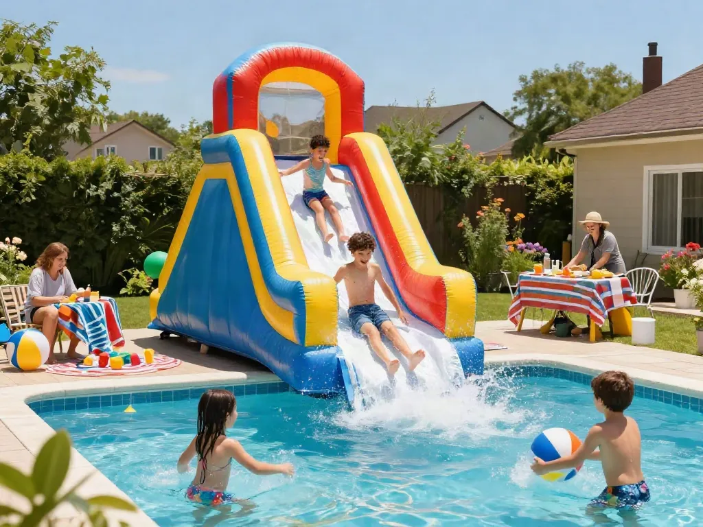 Children joyfully sliding down a colourful water slide during a sunny backyard pool party.