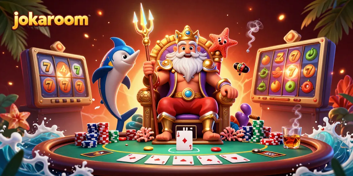 Experience the excitement at jokaroom with Neptune and friends at a lively gaming scene.