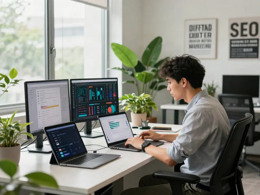 Digital marketer mastering instant indexing in a modern tech workspace.
