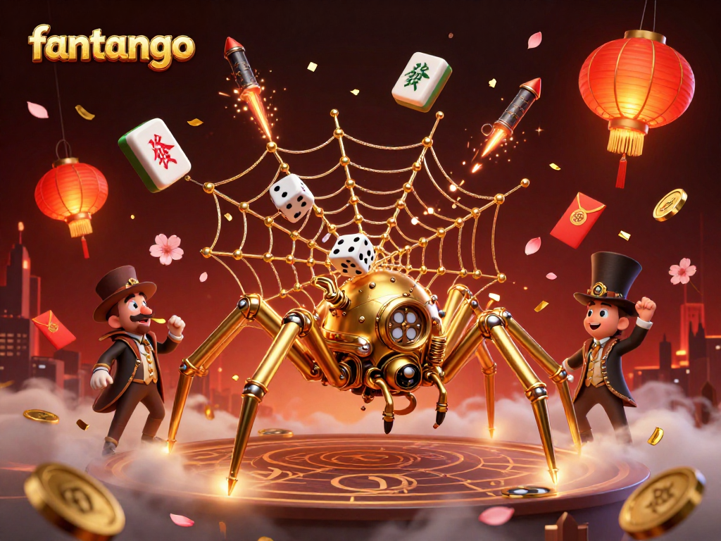 Experience fantango with a dynamic scene of a golden steampunk spider weaving a casino web of luck.