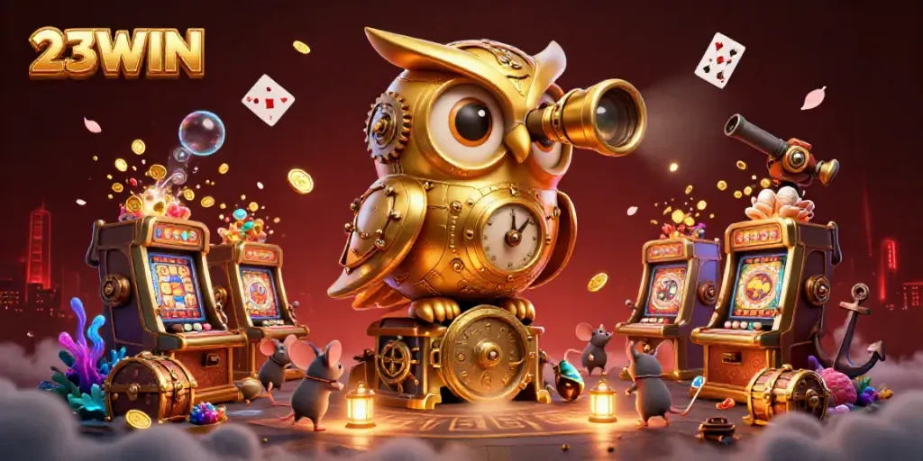 Engage in thrilling gameplay at 23WIN featuring an enchanting 3D illustration of a golden owl overseeing a bustling casino.