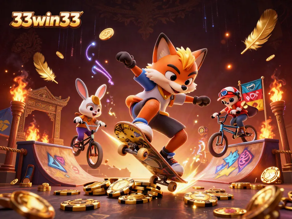 Skateboarder fox performing tricks in a vibrant casino-themed scene, showcasing 33win33 brand.