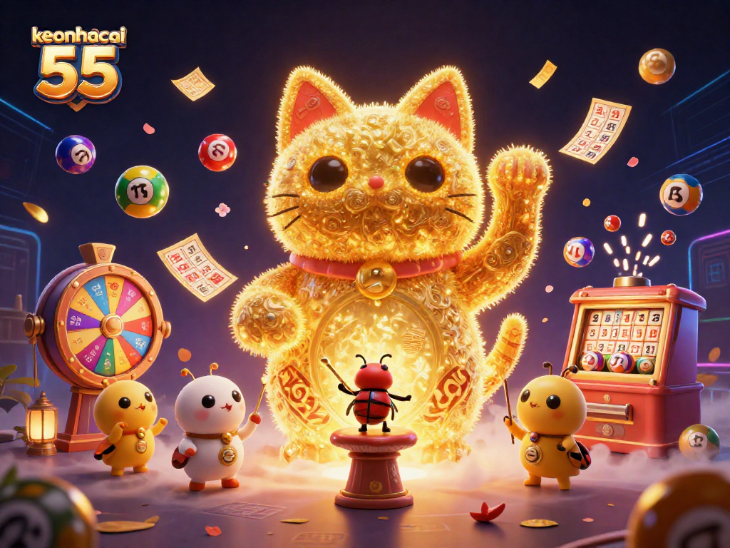 Experience luck with keonhacai 55, showcasing vibrant lottery elements and a waving lucky cat.