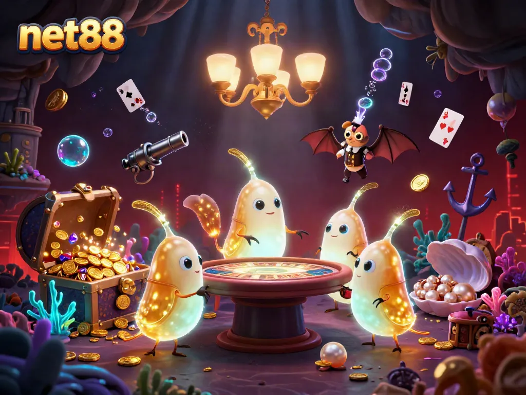 Experience net88 excitement in this vibrant 3D casino scene with lively glowworms and thrilling games.