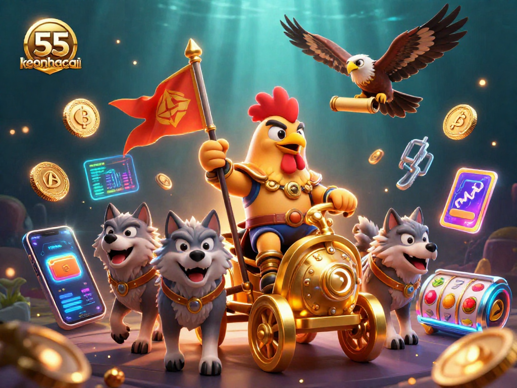 Engage in keonhacai 55 action with a dynamic casino scene featuring a rooster warlord and crypto coins.