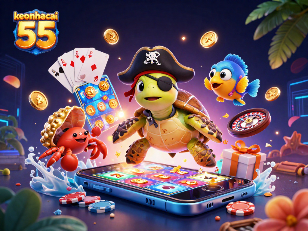 Bet on keonhacai 55 with our colorful 3D casino illustration showcasing vibrant gambling elements and characters.