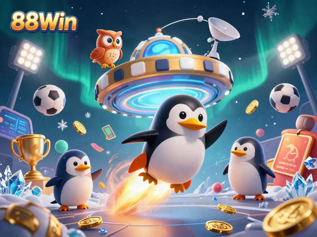 Experience the thrill of 88Win with a golden penguin racing towards a casino in space!