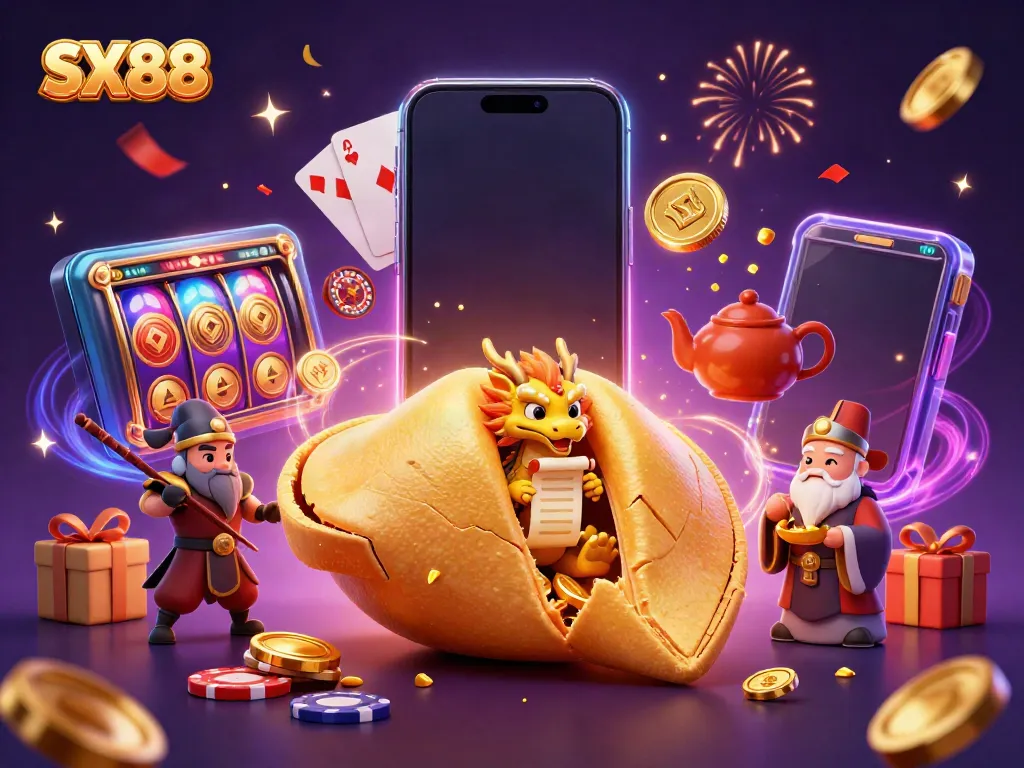SX88 showcases a vibrant scene with a giant golden fortune cookie and gaming elements spilling joy and excitement.