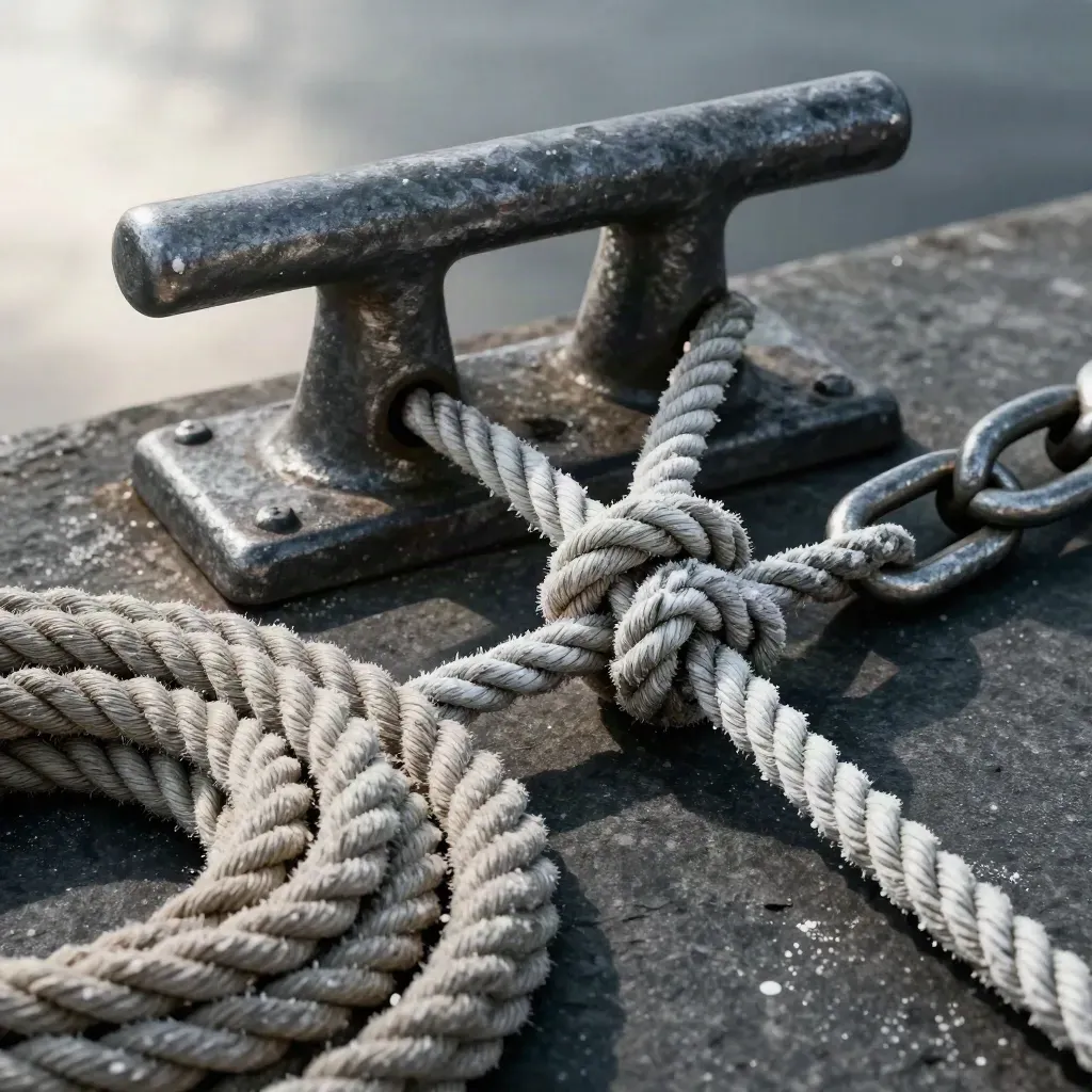 Mooring shackle, cleat, rope knot and heavy chain on dark stone in soft daylight.