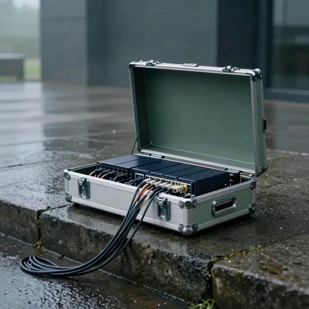 Open migration case with SSD enclosures and braided cables on a wet stone plinth in moody blue-grey light