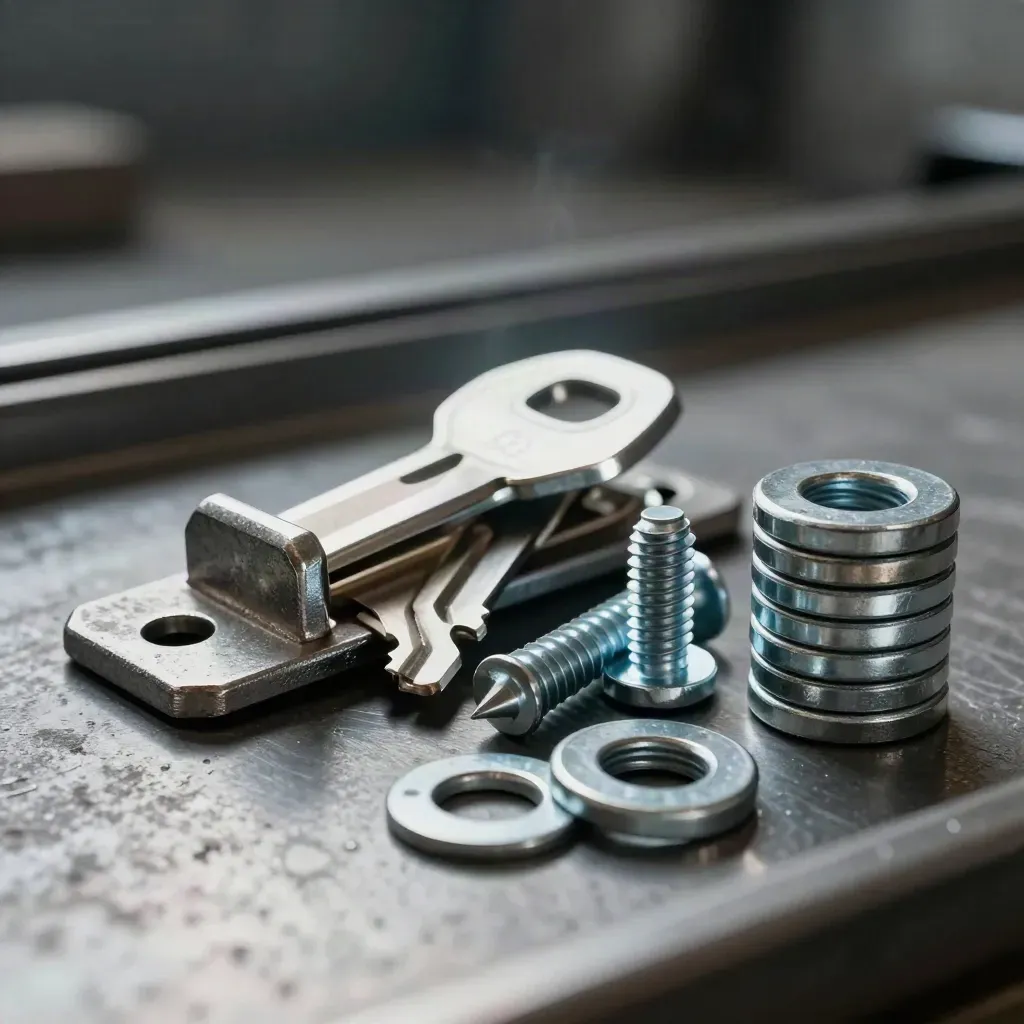 Rail fastening parts arranged on brushed metal in dramatic workshop light.