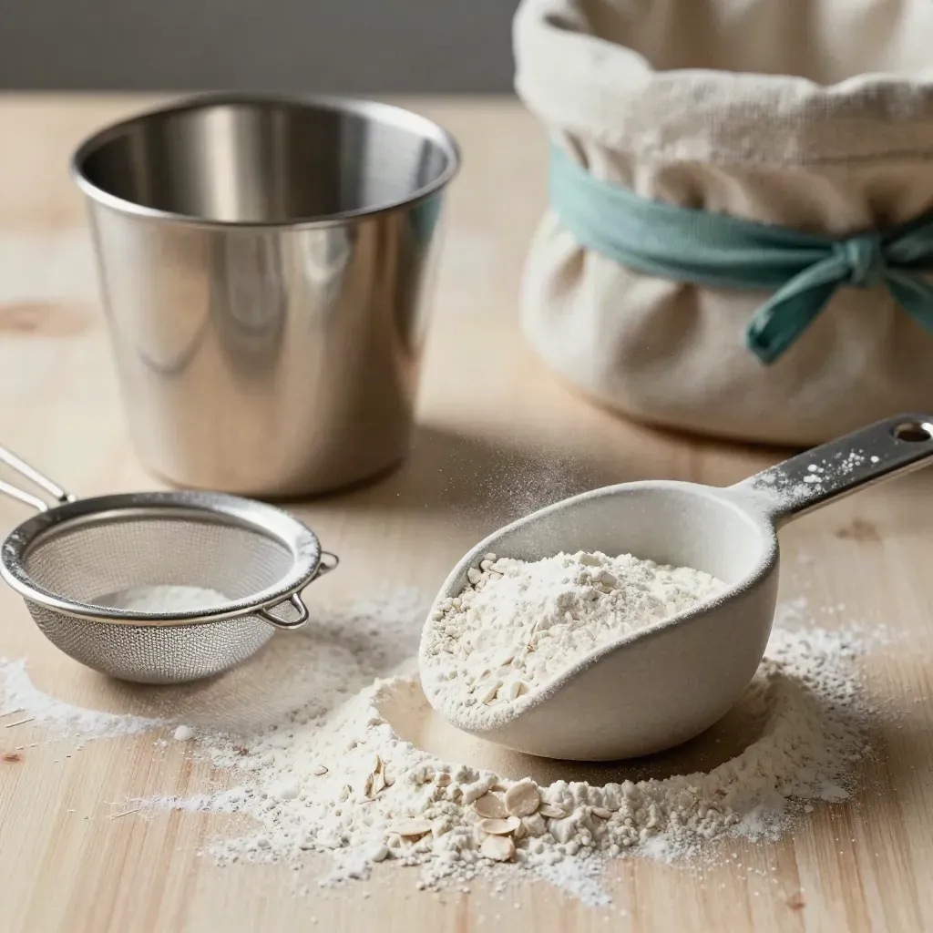 Stainless cups, flour sieve, ceramic scoop and linen proving basket on pale wood.