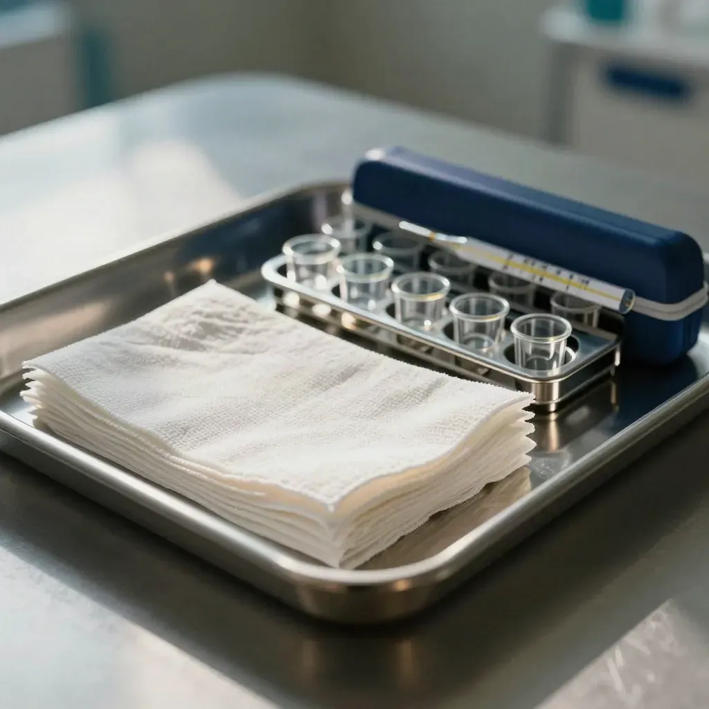 Clinical still life of tray, gauze, cup rack and thermometer case on brushed metal.