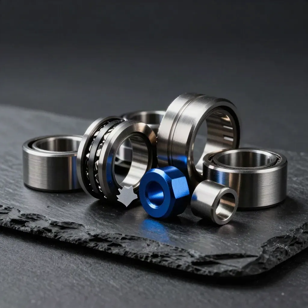 Metal bearing components in dramatic diagonal still life on charcoal slate with cobalt accent.