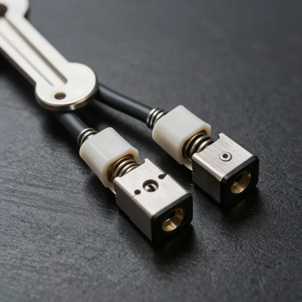 Spring relay module, jumper cables and locking clips on brushed metal, lit in a diagonal macro.