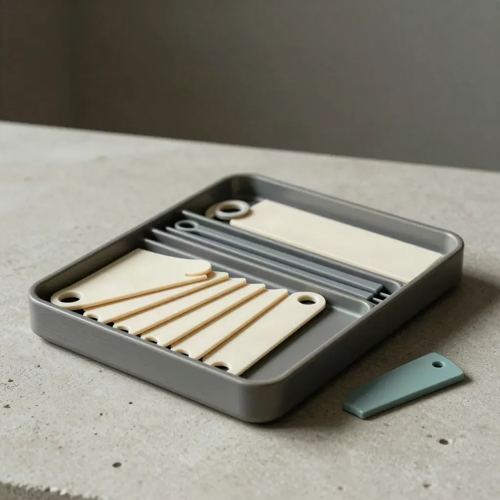 Modular contact index tray with blank tabs and ring separators fanned on pale concrete