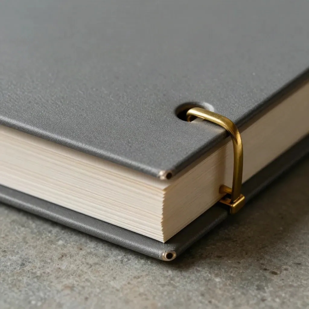 Macro still life of a ring-binder spine, divider set, and brass clips on stone