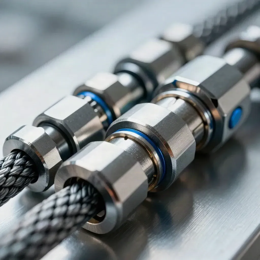 Extreme macro of couplers, braided cable loop and adapter blocks on pale brushed metal.