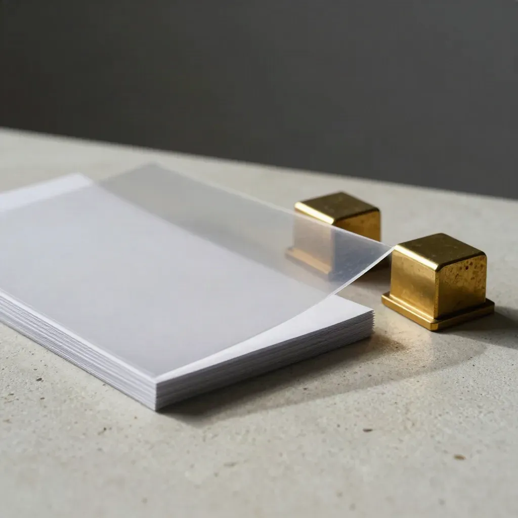Transparent report sleeves with brass weights and divider chips on pale stone, dramatic studio still life