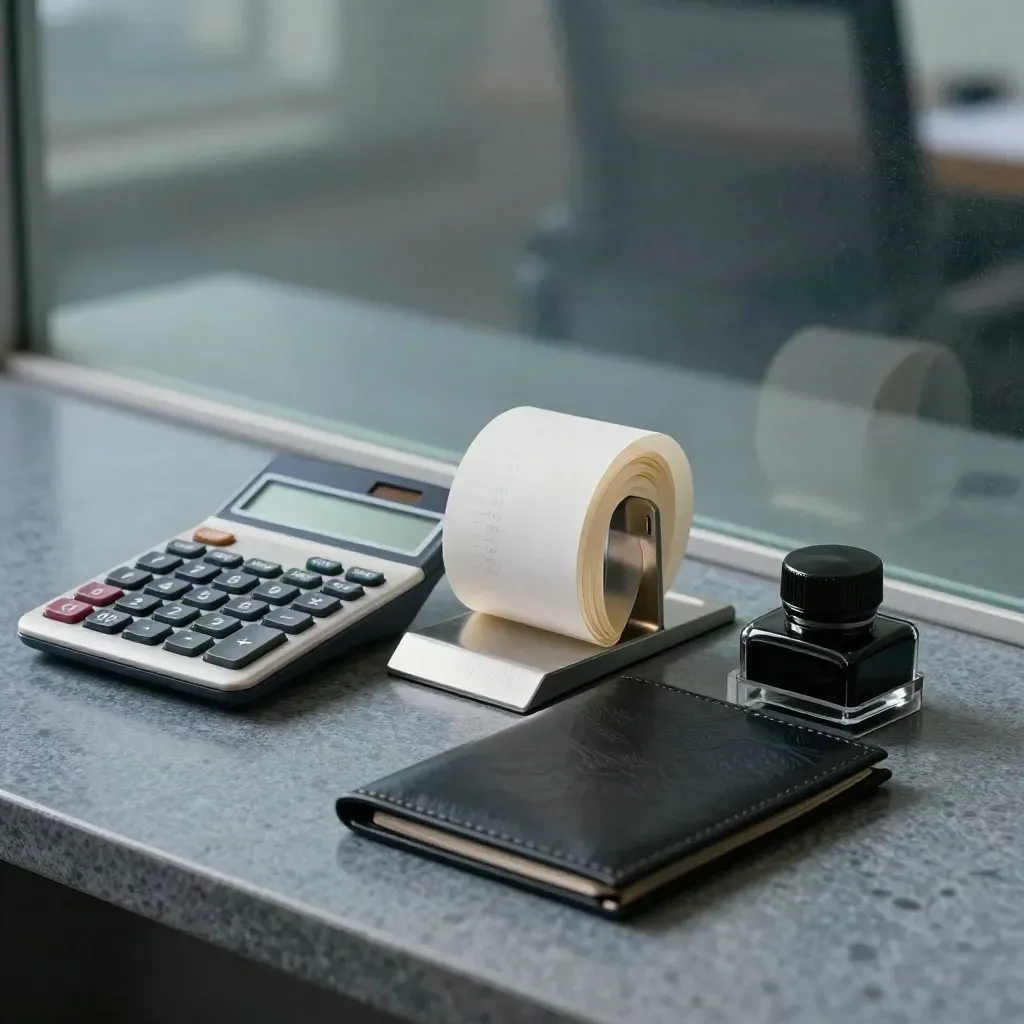Finance tools behind frosted glass: calculator, receipt spike, document wallet and stamp pad.