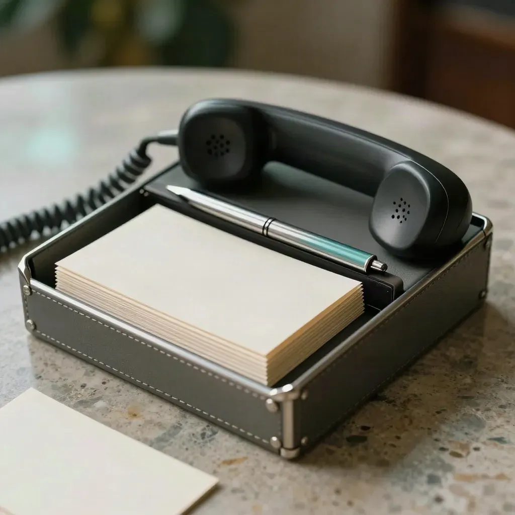 Top-down macro of a contact index box, handset cradle and reply cards on stone with teal accent