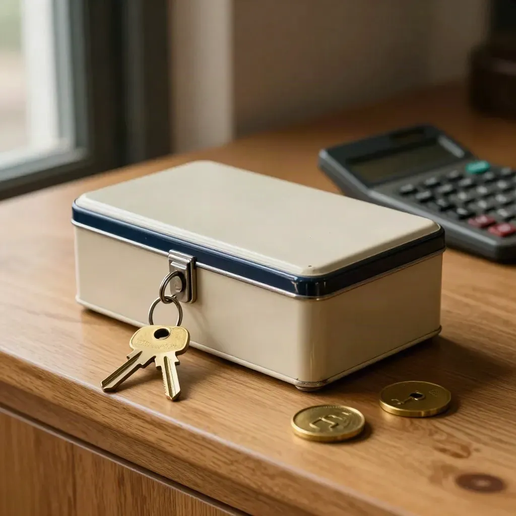 Cash box with keys, calculator and brass token on oak, seen through glass and a doorway.