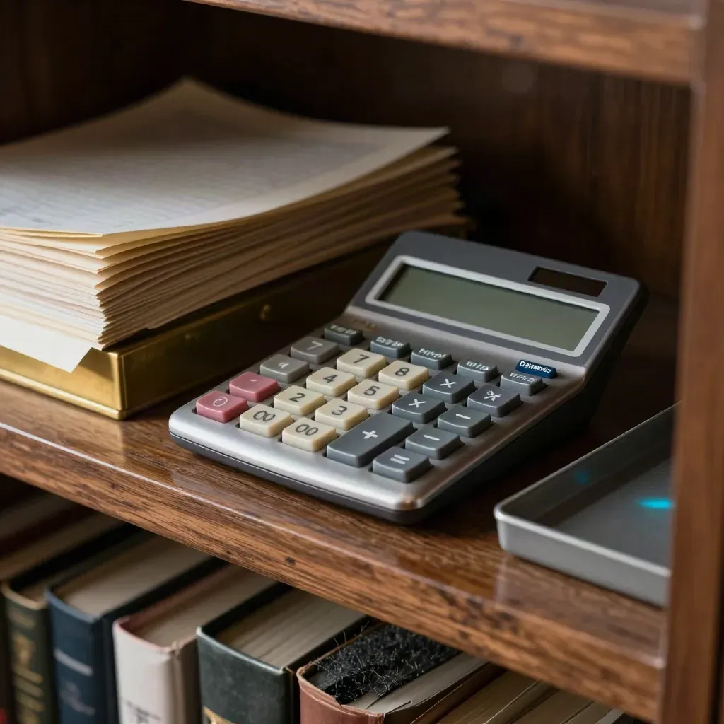 Brass paperweights and a reconciliation calculator rest on a walnut archive tray in dramatic studio light.