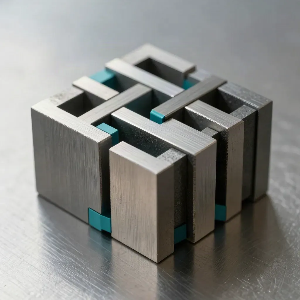 Overhead close-up of graphite cubes, spacer plates, and teal magnetic tabs aligning on brushed metal.