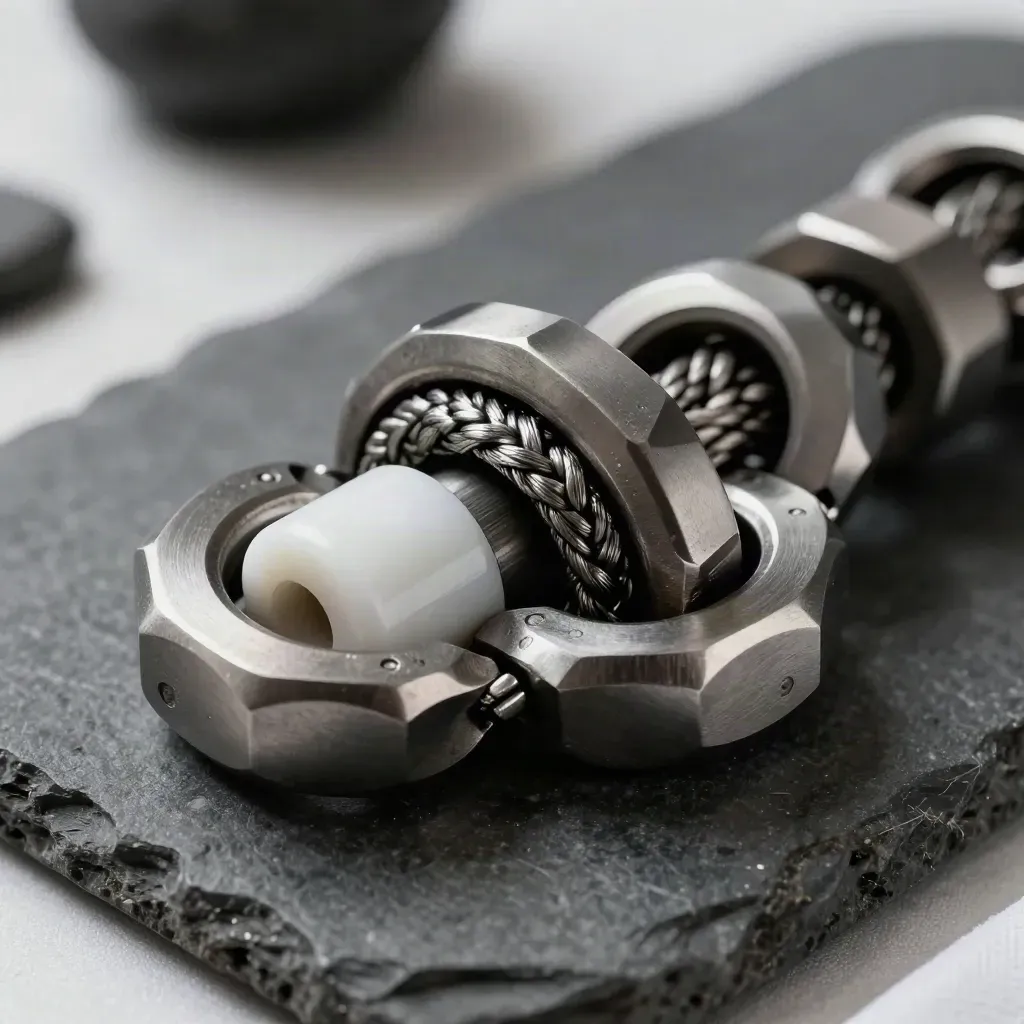 Graphite couplers and a braided cable knot on dark stone in soft daylight.