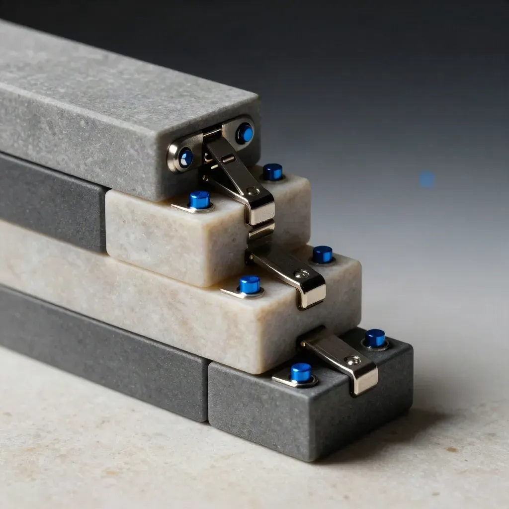 Stacked modular blocks and precision connectors on pale stone under dramatic studio light.