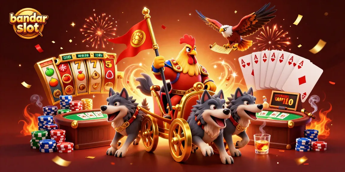 Engaging cartoon scene illustrating bandar slot with a warlord and gaming elements amid a vibrant casino atmosphere.