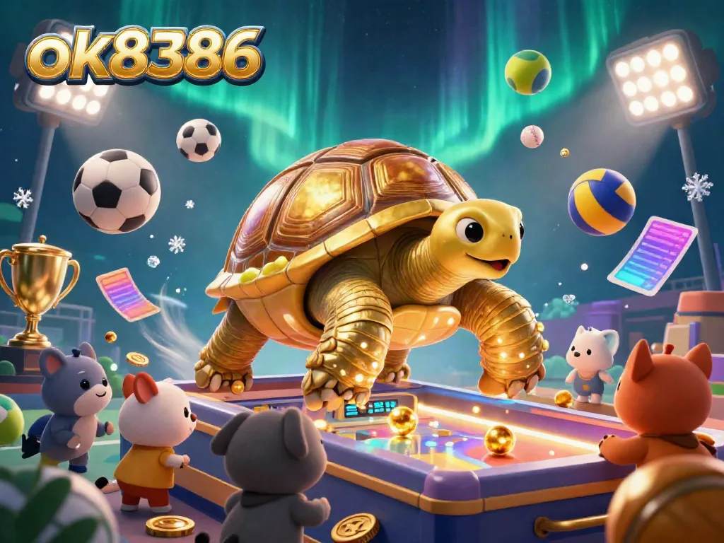 Engage in thrilling gameplay at ok8386, featuring a golden tortoise pinball machine surrounded by excited players and dynamic sports elements.